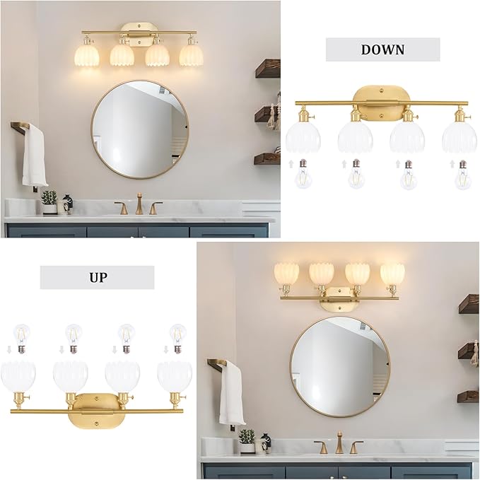 Shenmoyl Bathroom Light Fixtures, 4-Light Brass Vanity Wall Light Over Mirror with White Tulip Glass Shade for Bedroom Living Room (Bulb Not Included)