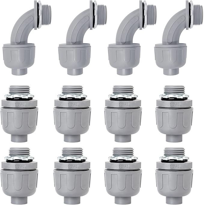 Wocloer 1/2 inch Liquid Tight Connector PVC Flexible Conduit Connector UL Listed Liquid Tight Connector Non-Metallic Electrical Conduit Fittings 12 Pack (8 Pcs 180D/4 Pcs 90D)