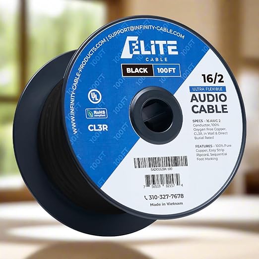 Elite 16/2 Speaker Wire 100ft, UL Listed, CMR/CL3R, (Riser/in-Wall & Outdoor/In-Ground (Direct Burial)- 100% Oxygen Free Pure Bare Copper (OFC), 16AWG/2-Conductor, 100ft Bulk Cable (65 Strands) Black