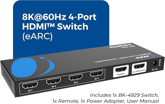 OREI 4-Port eARC 8K Audio Extractor 4x1 Switch for Monitors TVs, Extract Dolby Atmos to Convert Sound bar 4K @ 120hz 18G ARC HDCP 2.3 Perfect for 8K Displays, CEC, Remote Control Works for Sonos Bose