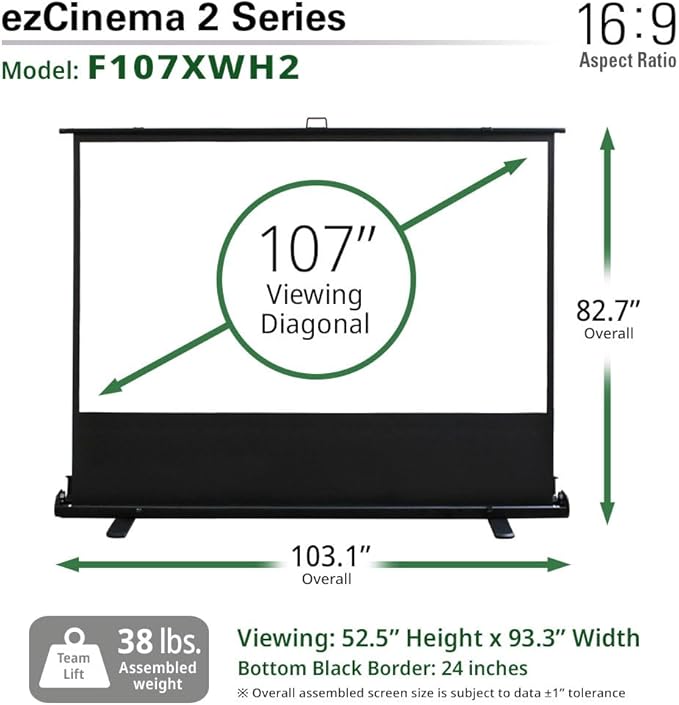 Elite Screens ezCinema 2 Projector Screen, 107-inch 16:9 Manual Floor Pull Up Scissor Backed, Portable Home Theater Office Front Projection + Carrying Bag, US Based Company 2-YEAR WARRANTY, F107XWH2