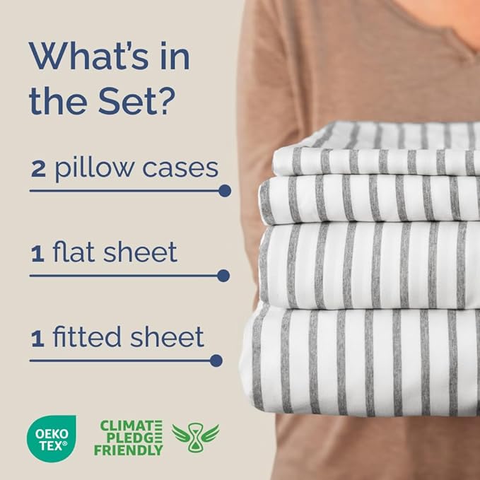 Full XL Bed Sheet Set - 4 Piece Extra Long Extended Full XL Sheets - Soft, Breathable & Cooling - Fits 8" to 16" Mattress with Deep Pockets - 54" x 80" - Wrinkle and Fade Resistant - Grey Stripes 2