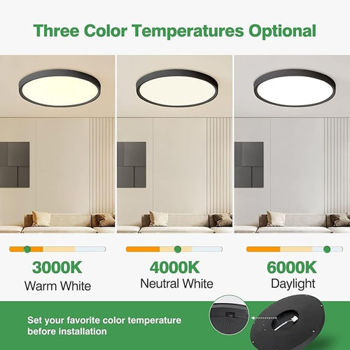 2PK 15.8 Inch Black LED Flush Mount Ceiling Light, 32W, 3480LM, 3000K/4000K/6000K CCT Selectable, Round Flat Panel Light Low Profile Ceiling Light Fitures for Hallway, Kitchen, Bedroom, Laundry Room
