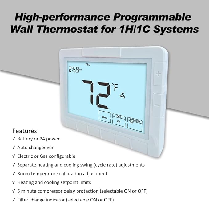 Programmable Auto Changeover Thermostat for Home, Conventional Single-Stage Systems,1 Heat/1 Cool, Extra Large Display, Smart Auto Switching,Easy-to-Use Digital Temperature Control, White Backlight