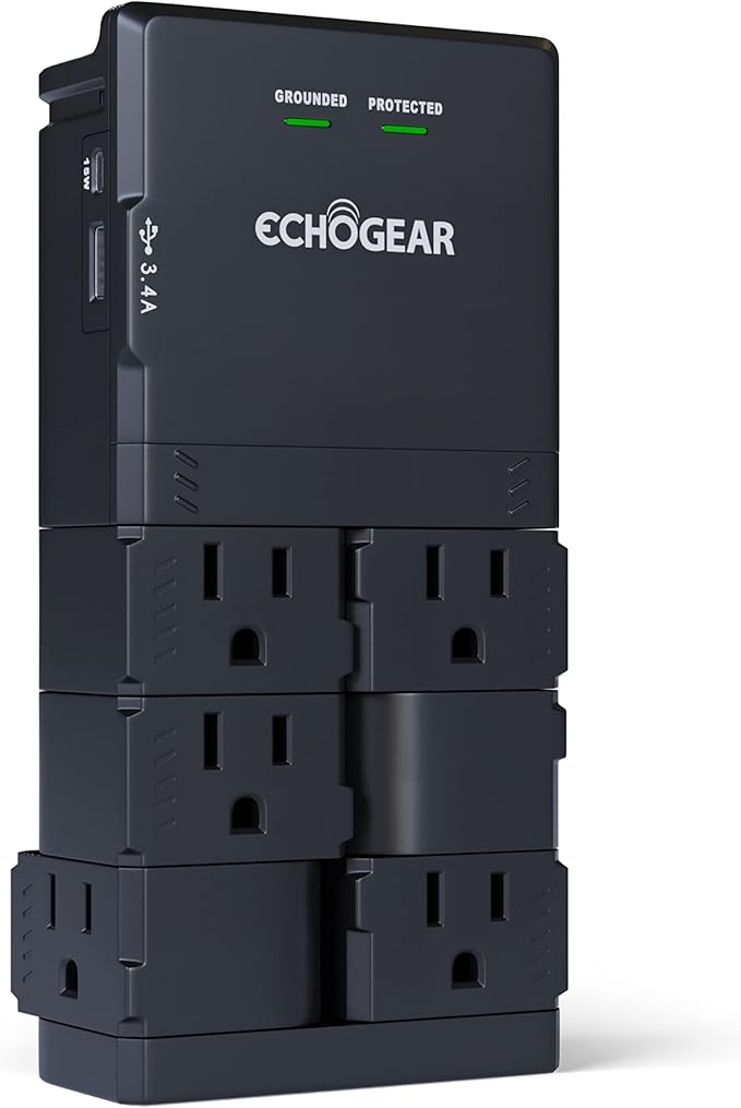 ECHOGEAR Wall Outlet with Surge Protection - Power & Protect 8 Devices with 6 Rotating AC Plugs & 2 USB Ports - Includes 1x USB-C Port & 1x USB-A Port - Black