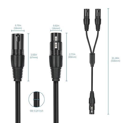 2 Pack XLR Splitter Cable,1 Female to 2 Male,5 FT Stereo Mic to L&R Audio Y-Splitter Cable