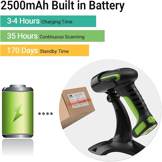 Tera Pro (Extreme Performance) Industrial Wireless Barcode Scanner 2D QR 1D Bar Code Reader 2.4G Wireless 2500mAh Compatible with Bluetooth Drop Resistant for Windows Mac Android iOS Model 8100 Green
