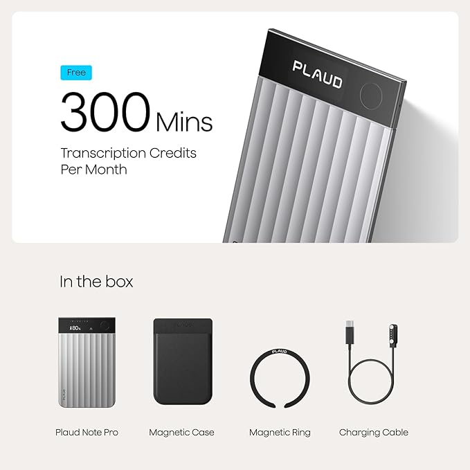 Plaud Note Pro AI Voice Recorder, Transcribe & Summarize with AI, App Control, Note Taker for Meetings & Calls, Supports 112 Languages, Ultra-Slim w/InstantView Display, Case Included, Silver