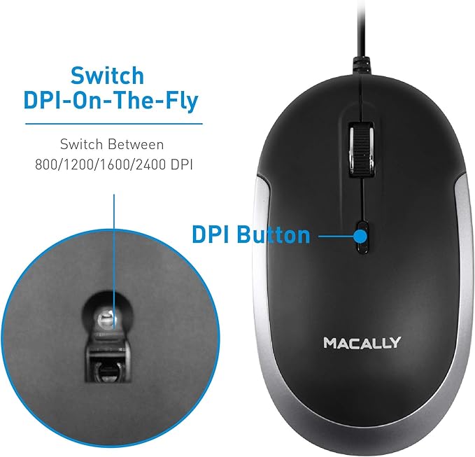Macally Silent Wired Mouse - Slim & Compact USB Mouse for Apple Mac or Windows PC Laptop/Desktop - Designed with Optical Sensor & DPI Switch - Simple & Comfortable Wired Computer Mice (Space Gray)