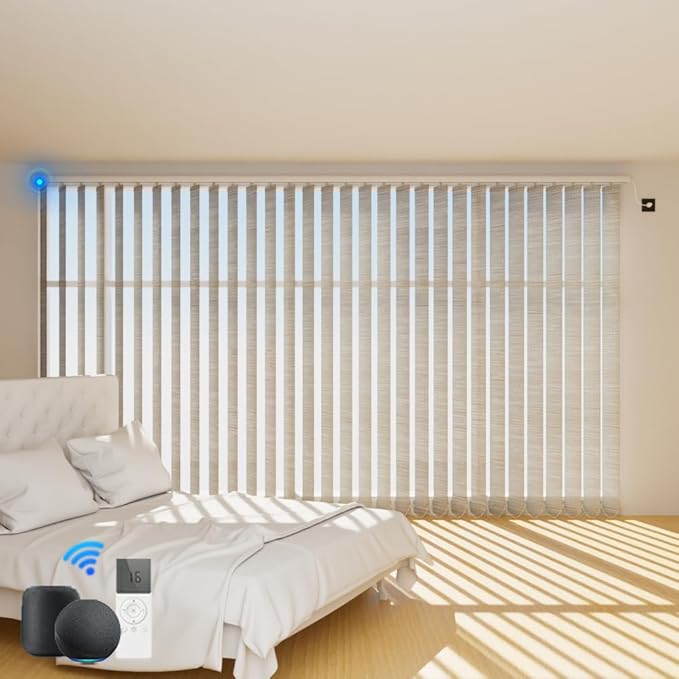 Blindify Motorized Vertical Blinds Compatible with Alexa Google Home, Light Filtering Sliding Door Shades Smart Vertical Blinds Remote Control Customize, Jacquard Beige