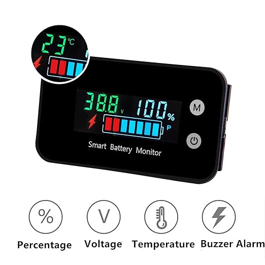Battery Monitor12v 24v 36v 48v 60v 72v, Car,Golf cart Battery Tester Digital Display Capacity 7-100V Voltage Monitor Capacity Percentage Tester with Buzzer Alarm and Temperature(Not Waterproof)