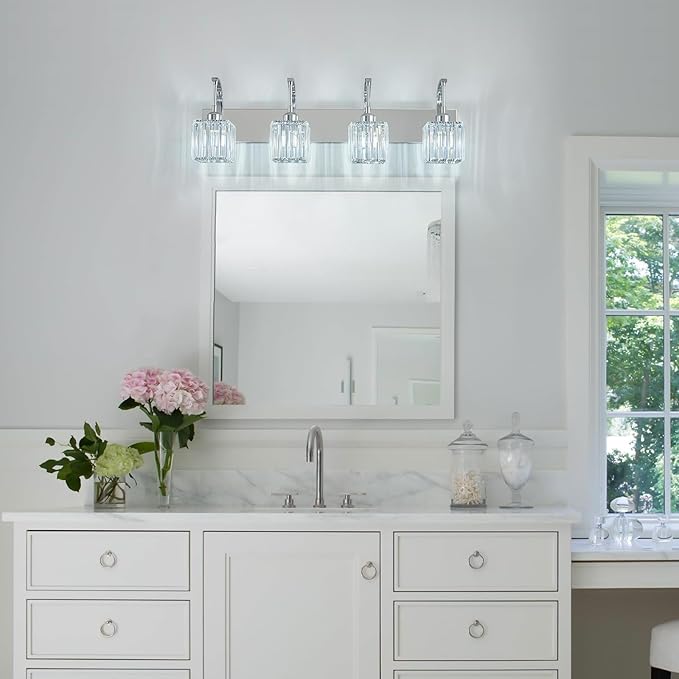 FDPBY Crystal Vanity Lights 4-Light Chrome Bathroom Vanity Lights Modern Crystal Bathroom Light Fixtures Over Mirror 32.67" Long Vanity Light for Bathroom