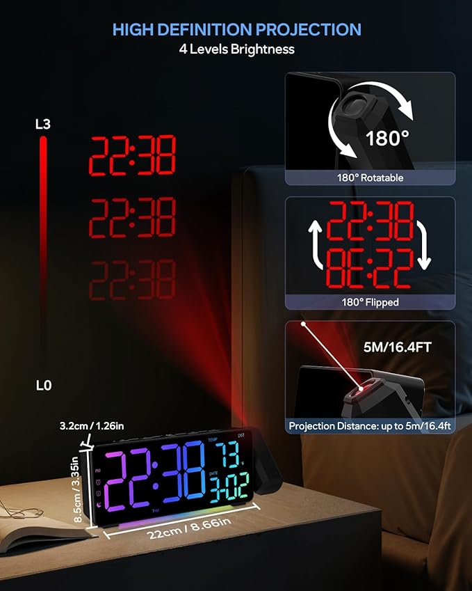 EVILTO Projection Alarm Clocks, RGB Desk Clock with 180° Rotatable Projector 15 Color Display, Date Temperature and Weekday, DST, Snooze, Ambient Lighting for Living Room,Bedroom Bedside Office Decor