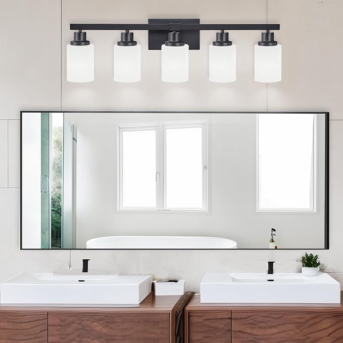DIKAIDA Bathroom Vanity Light, 5-Light Vanity Lighting Fixture Over Mirror for Bathroom, 30" Matte Black Wall Light Fixture, Wall Sconces with Frosted Glass Shade for Mirror Bedroom Living Room