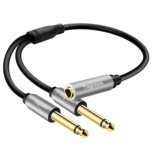Togconn 1/4 inch TS Mono Splitter Y Adapter, 6.35mm Mono Female to Dual 6.35 mm TS Mono Male Jack, Quarter inch Audio Speaker Splitter Converter Cable 1 Feet, Gold Plated Connectors