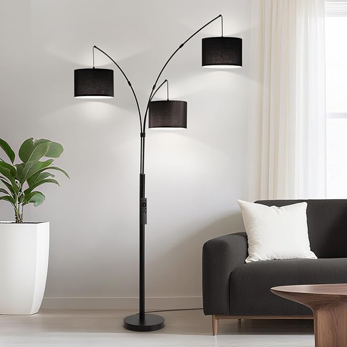 Fansdrick Floor lamp with Remote, 3 Light Arc Floor Lamps for Living Room, 2400LM Tall Standing Floor Lamps with Black Shades, 80" Large Floor Lamp for Bedroom, Office
