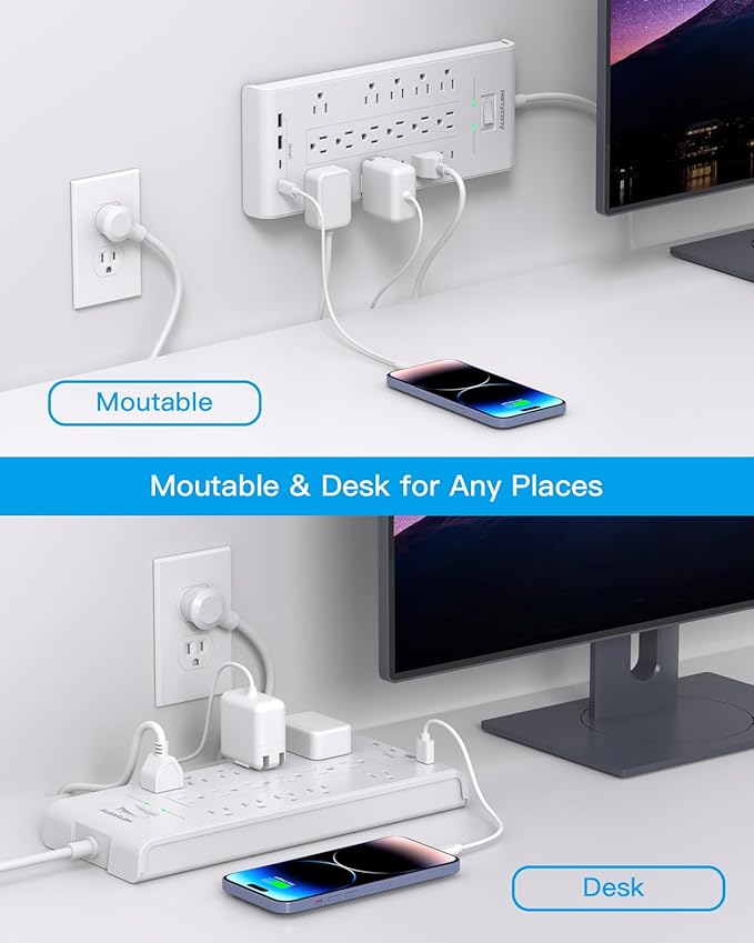 HANYCONY Surge Protector Power Strip 10 Ft, 16 Outlets 4 USB Ports(2 USB C), Flat Plug Heavy Duty Extension Cord, 2700 Joules, Wall Mount for Home Office, ETL Listed, White