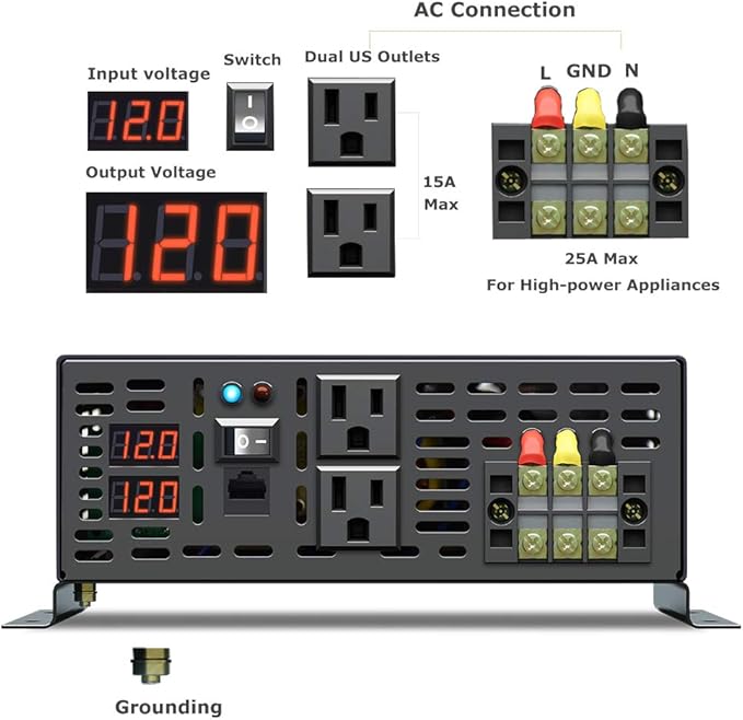 WZRELB 3500W 12VDC 120VAC Pure Sine Wave Power Inverter, 2 AC Outlets, Wired Remote Control, RV (RBP-350012WR)