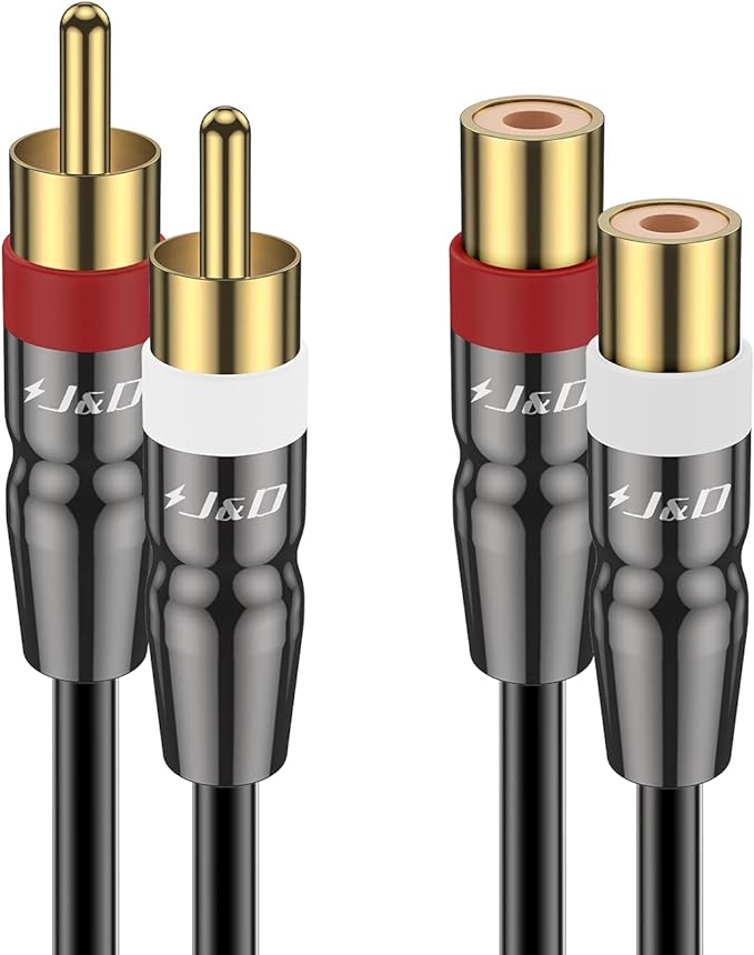J&D 2 RCA Extension Cable Male to Female, Copper Shell Gold-Plated 2RCA Male to 2RCA Female Cable Stereo Audio Extender Cord Adapter, 9 Feet