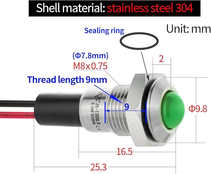 ZGSZJHF 8mm Indicator Light 0.31" Waterproof IP67 Metal Stainless Steel Signal Lamp 110V-120V AC/DC LED Pilot Dash Lamp Light Ring Large Red and Green 2Pcs