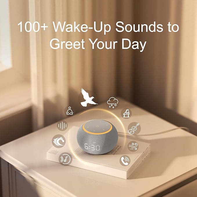 Hotmoon Alarm Clock with Sound Machine for Sleep, Luna Pro Dual-Stage Alarm, 507 Non Looping Sounds, Smart Night Light & Timer, Pink Green Brown White Noise Machine for Sleeping, Plug in, Cool Gray
