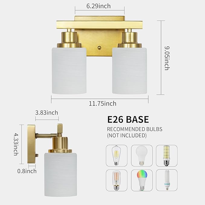 DIKAIDA Gold Bathroom Light Fixtures Over Mirror, 2-Light Modern Vanity Lights with White Glass Shade, Bathroom Wall Lamp Sconces for Mirror Bedroom, Living Room Hallway Small Space