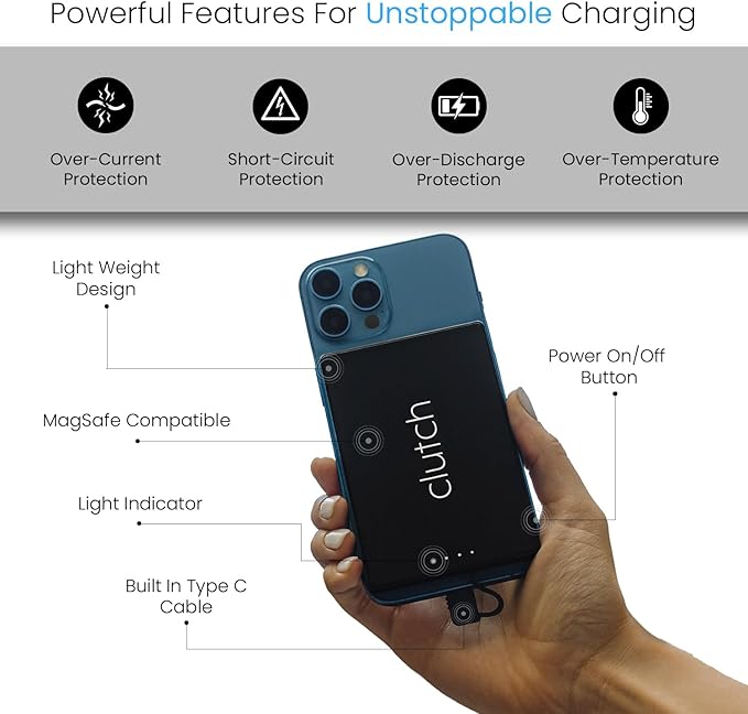 Clutch - Pro USB-C Portable Charger - Compatible with iPhone 15,16, 17 & Android Devices - Power Bank Magnetic Battery - TSA Travel Approved - USB Rechargeable - Built-in Cable - 5000 mAh - 3.7oz