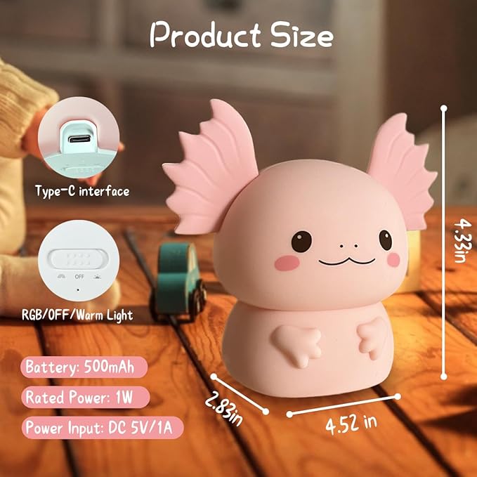 Axolotl Gifts Night Light for Kids, Cute Silicone Nursery Axolotl Lamp for Baby and Toddler, Animals NightLight for Boys and Girls,Cute Room Decor Night Light for Kids Girls Boys Festival Gifts