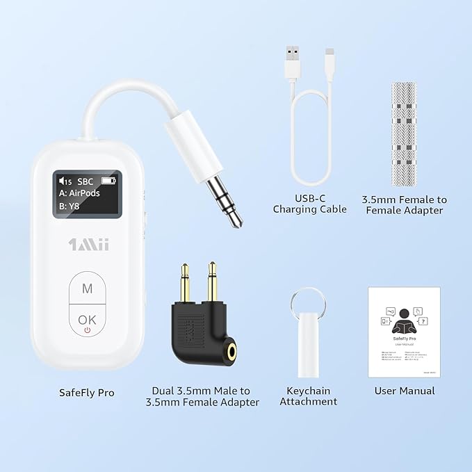 1Mii SafeFly Pro Bluetooth 5.3 Transmitter Receiver, Wireless Audio Adapter w/Screen for 2 Bluetooth Headphones, aptX LL/HD/AD, Use with Any 3.5MM Jack on Airplane, TV & iPad/Tablet