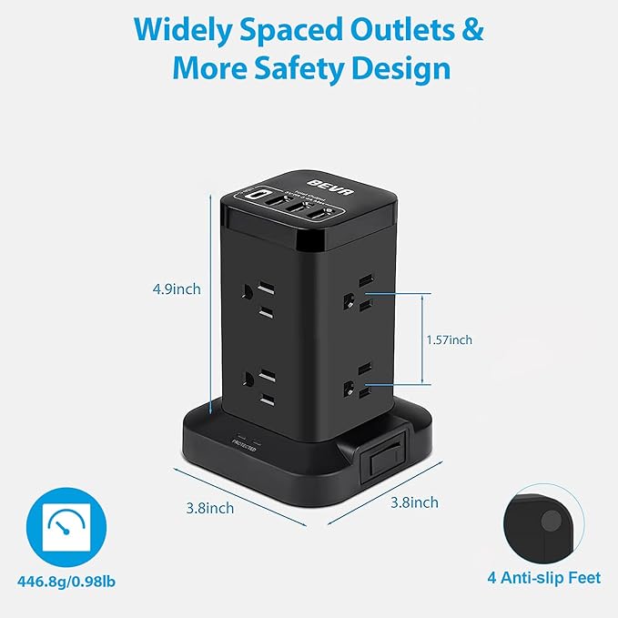 BEVA Power Strip Tower, Surge Protector with USB Ports, 6.5 FT Extension Cord, Charging Tower for Multiple Devices 8 AC and 4 USB(USB-C) for Office Supplies Dorm Room Essentials Office Organization