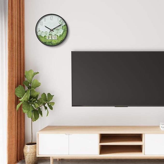 SCOAGE Modern Wall Clock with Temperature Green Forest Large Display Non-Ticking Battery Operated Clock with Date and Week for Kitchen Bedroom Living Room Farmhouse Decor 12 Inch