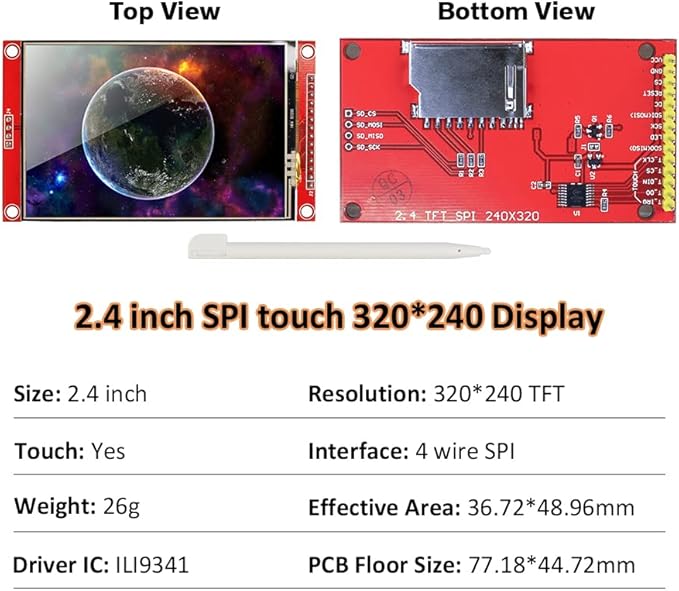Hosyond 2.4 Inches TFT LCD Touch Screen Shield Display Module 320x240 SPI Serial ILI9341 with Touch Pen Compatible with Arduino R3/Mega2560 Development Board