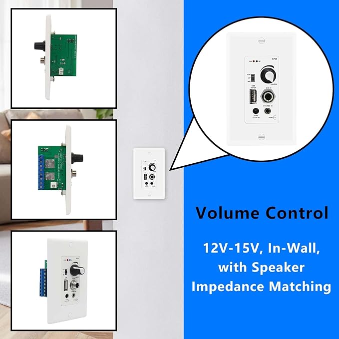 PNWCZ Wall Amplifier Compatible with Bluetooth 4 Channels Volume Control Wall Plate with USB/MIC/AUX(3.5mm) Inputs Terminal Block Connect 4 Speakers