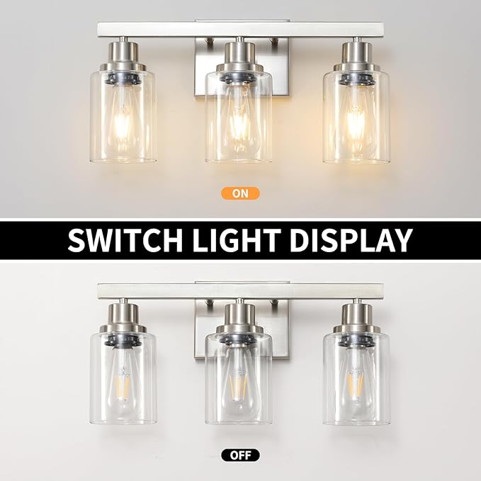 DIKAIDA 3-Light Bathroom Light Fixtures, Nickel Bathroom Vanity Light with Clear Glass Shade, Modern Bathroom Wall Lights Over Mirror, Farmhouse Wall Sconces Lighting for Bedroom Living Room