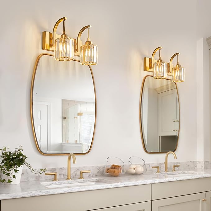 FDPBY Bathroom Crystal Vanity Lights 2-Light Gold Wall Lamp Modern Crystal Bathroom Light Fixtures Over Mirror 13.77" Long Wall Sconce