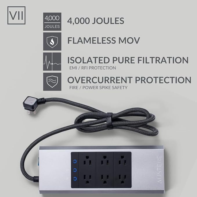 Austere VII Series, 6 Outlet Surge Protector Power Strip, 4000 Joules, Isolated EMI/RFI Filtering, 1 USB-C 45W Fast Charger, 2 USB-C and 2 USB-A 2.4 amp Ports, 7 Year Component Guarantee