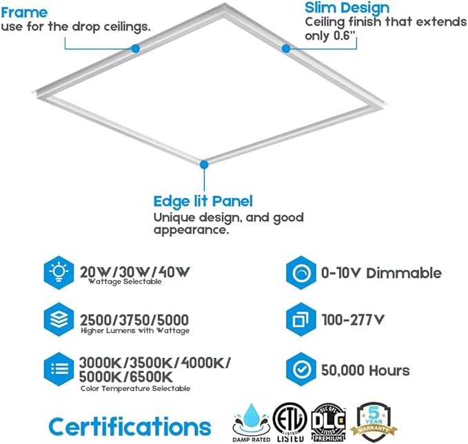 LED Energy Plus 2x2 FT Edge-Lit Frame LED Panel Lights,5CCT Selectable 3000K-6500K, 2600/3900/5200LM,20W/30W/40W Switch, Grid Drop Ceiling Lights,0-10V Dimmable,Damp Rated,100-277V,ETL Listed (4 Pack)