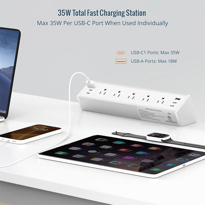 Tecmojo Desk Clamp Power Strip 5 Outlet with 2 USB A and 4 USB C Ports, 6 ft Cord, Desk Outlet Station Fit 1.6" Tabletop Edge,Over Loading Protection,ETL Listed,White