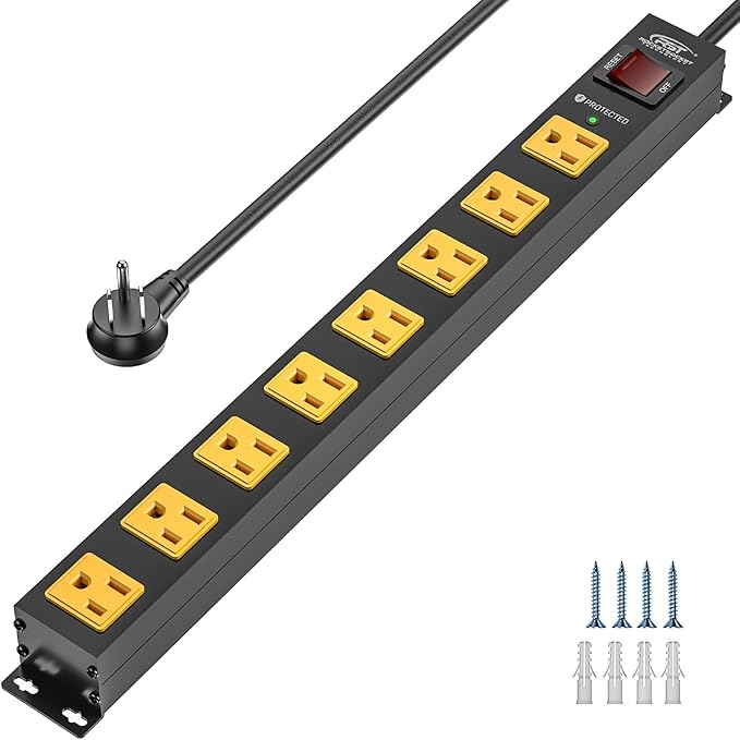 CRST 8 Outlet Metal Long Power Strip,Heavy Duty Surge Protector 2100J, 6 FT Cord Mountable Wide Spaced Workshop Garage Power Strip, 15amp/1875W