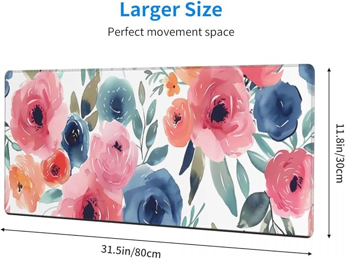 CANFLASHION Desk Pad,Office Desk Mat 31.5"×11.8" Large Gaming Mouse Pad,Durable Extended Computer Mouse Pad,Waterproof Thick Big Mouse Pads with Non-Slip Rubber Base Office Home Watercolor Floral