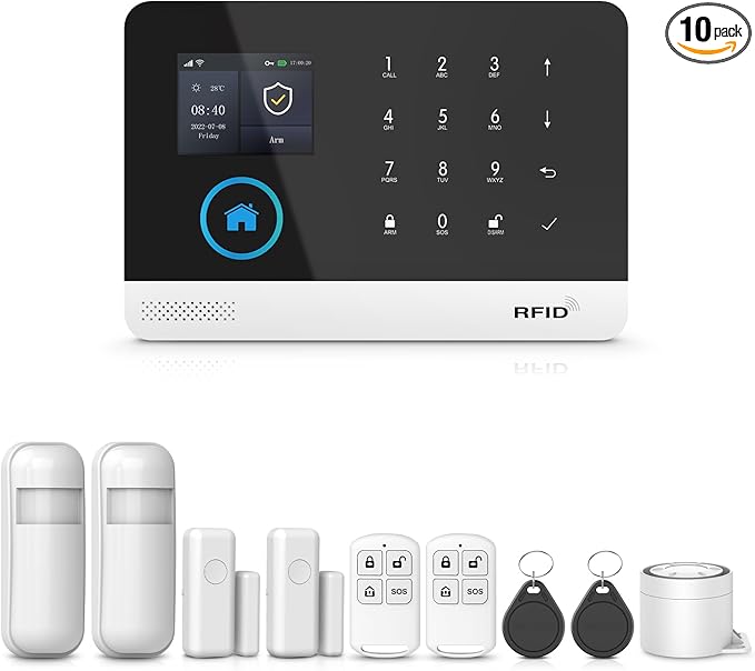 PGST 10 PCS Home Security Systems with LCD Touch Screen,Wireless GSM 4G Burglar Door Open Alarm Systems,120dB Loud Siren,Phone App Control for Villa,Apartment,Home Pets,Kids Safety
