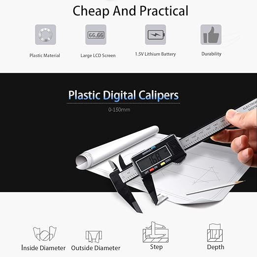 Simhevn Electronic Digital Calipers, inch and Millimeter Conversion,LCD Screen displays 0-6" Caliper Measuring Tool, Automatic Shutdown, Suitable for DIY/Jewelry Measurement (New150mm Black Plastic)