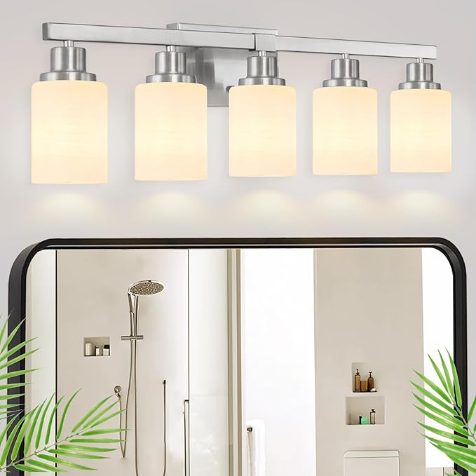 DIKAIDA 5-Light Bathroom Light Fixtures, 30" Nickel Bathroom Vanity Light with Milky White Glass Shade, Modern Bathroom Wall Lights Over Mirror, Farmhouse Wall Sconces Lighting for Bedroom Living Room