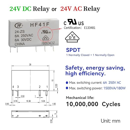 UL Listed 2Pcs Electromagnetic Relay for PLC;24V Relay Din Rail; 24VDC and 24VAC Both; SPDT with Push in Socket 6A 250VAC No Screw