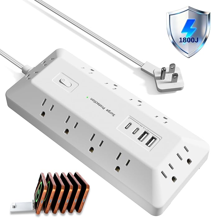 Inhwatek Surge Protector Power Strip with USB Ports (PD 20W), 6 Ft Extension Cord with Multiple Outlets, Flat Plug Outlet Extender for Home, Office, Dorm Room