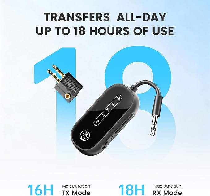 Dual Link Bluetooth 5.4 Transmitter Receiver for Airplane Travel 2-in-1 Bluetooth Adapter Airplane Travel Essentials Wireless Receiver, 3.5MM AUX Jack Adapter on Flight/TV/Car Stereo/Gym