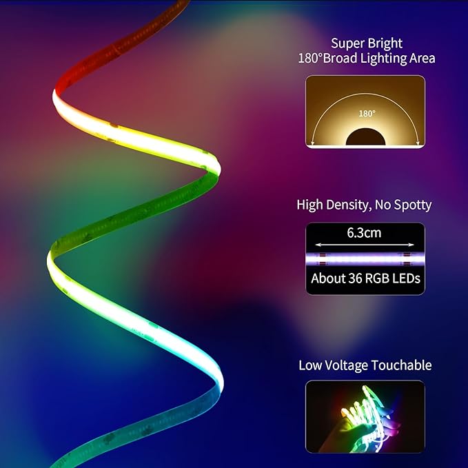 BUNACET 20FT LED Strip Lights COB Smart IC, 24V RGB LED Lights for Bedroom with RF Remote Smart App Button Controller Music Sync Color Changing Strip Lights for Game Room Kitchen Cabinet Lighting