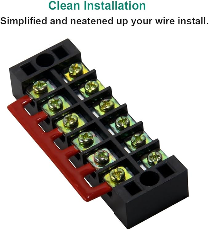 MILAPEAK Terminal Block and Strip - 5pcs 6 Positions 600V 25A Dual Row Screw Terminals Strip with Cover+5pcs Pre-Insulated Barrier Jumper Strips Black & Red + Spade Fork Wire Connectors