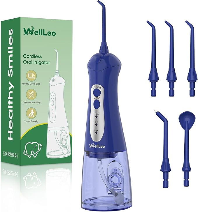 WellLeo Water Flossers for Teeth, Portable Oral Irrigator Rechargeable Water Dental Flosser Pick with High Pressure 5 Jet Tips, IPX7 Travel Water Flossing for Brace Teeth Cleaner Gum Care
