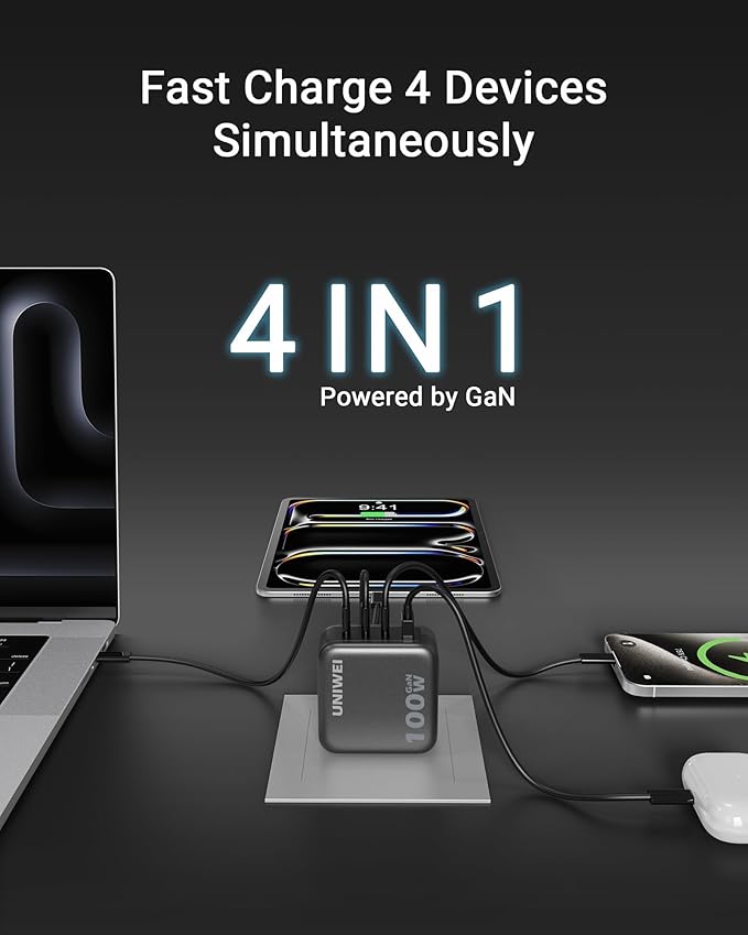 UNIWEI 100W USB C Charger Block, 4-Port GaN and Ultra-Compact Wall Adapter, for MacBook, iPhone 17/16 Series, Samsung Galaxy, Pixel, and More